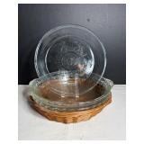 Pie plates Fire King 8', glass bake 10', Pyrex...
