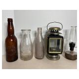 Small Lantern, Oil Lamp & Bottles