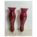 Vintage Cranberry Etched Glass Bud Vases 10"H