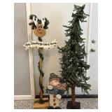 .Lighted 60" Tree, Stocking Holder  & Snowman 24"H