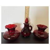 Avon red decanter, ruby red vases 3.5"H