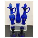 Vtg Cobalt blue candle holders & vase &...