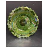 Vtg Diamond Point green carnival glass bowl10"Dai