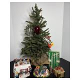 Vtg Christmas tree with ornaments & misc
