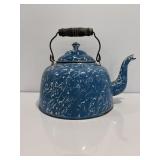 Vtg Blue/white swirl graniteware teapot
