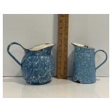Vtg Blue/white swirl graniteware pitchers 7'H