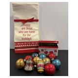 Vtg Christmas tree balls, tin & towel