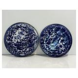 Vtg Dark blue & white swirl enamelware plates 10'