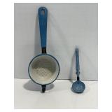 Vtg Blue enamelware strainers 4' & 7'