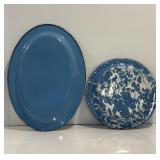 Vtg Blue enamelware platter 16', Blue & ...