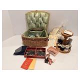 Vtg Sewing basket, spool/pin cushion holder...