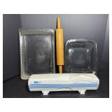Misc Baking dishes, rolling pin, & wrap...