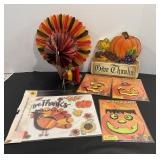 Vtg Halloween decorations & large folding turkey..