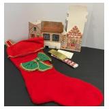 Vtg Christmas stocking & holiday cardboard..