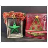 Vtg Christmas tree serving dish & decorated glass.