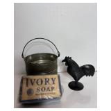 Vtg Tin cup & rooster & ivory soap