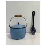 Vtg Blue enamelware  pot with lid & enamelware...