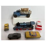 Vtg Toy trucks, train engine & cars