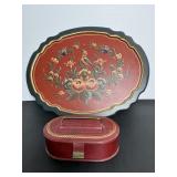 Vtg Painted wood serving tray & oval shaped...