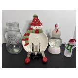 Snowman snow globe, spoon rest & misc