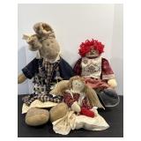 Primitive rag dolls & bunny 32'H - leg needs..
