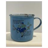 Vtg Blue enamelware mug with see-saw...
