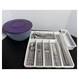 Misc silverware & trays & plastic bowl  with lid