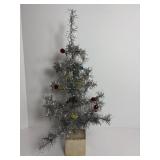 Vtg Alumium tinsel table top tree with ornaments..