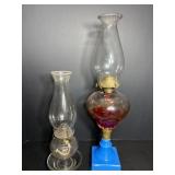 Vtg oil lamps one with blue glass base 19' tall..
