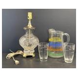 Vtg Anchor Hocking pitcher, misc glasses & lamp...