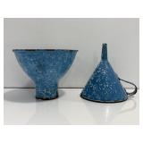 Vtg Blue & white swirl graniteware funnels