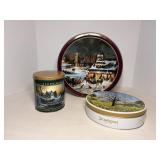 Currier & Ives cookie tin 13" x 5",T R tin 5"x6"..