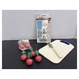 Soccer ball, cherry table weights, cutting board