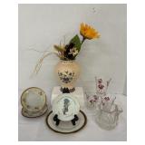 Various Plates, Shot Glasses, Vase & Creamer
