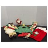Vtg Burlap Bell pull with elf, Vtg dancing Santa..