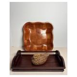 Wooden tray 12"W x 7"D, square tray & misc