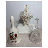 Ceramic floral basket 6"H, Michigan bell 6"H...