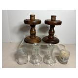 Vtg Wood candlestick holders 7"H & misc glassware