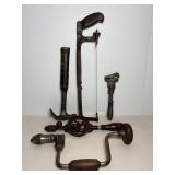 Vtg Hacksaw, Hand drill, Hammer, pipe wrench...