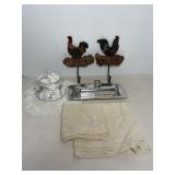 Vtg Butterdish & Rooster hangers & misc items