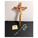 Rosary necklace with case & misc