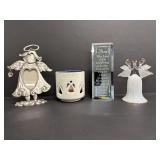 Angel glass bell, angel frame, votive & misc