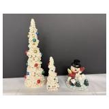 Vintage Flocked Ceramic Trees & Snowman