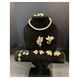 Vintage Faux Pearl Necklace Screw &Pierced Earring