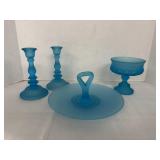 Vintage Satin Blue Candle Sticks, Server & Dish