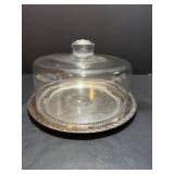 Vtg glass covered cake dome & silver -plated