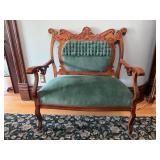 Antique Victorian carved wood parlor settee sage..