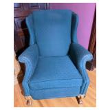 Vtg Green patterned fabric wingback recliner