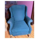 Vtg Green patterned fabric wingback recliner
