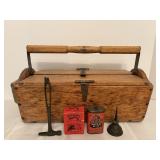 Antique Wood Carrier, Pig Rings & Misc
